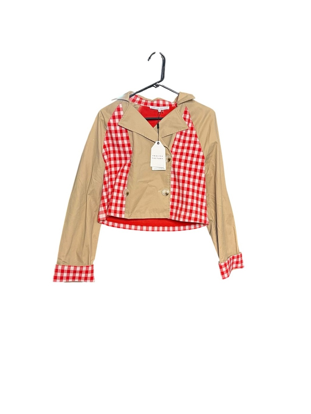 English Factory Beige Cropped Trench with Red Gingham Trim sz M - Picture 3 of 16